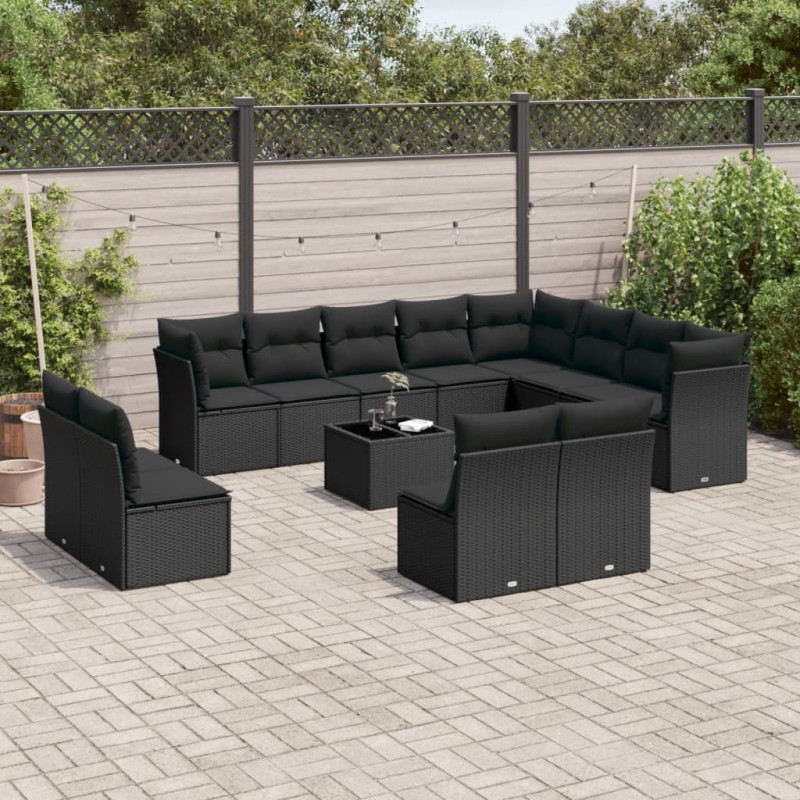 13 pcs conjunto de sofás de jardim com almofadões vime PE preto-Conjuntos de jardim-Home Retail