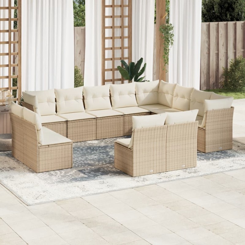 12 pcs conjunto de sofás p/ jardim com almofadões vime PE bege-Conjuntos de jardim-Home Retail