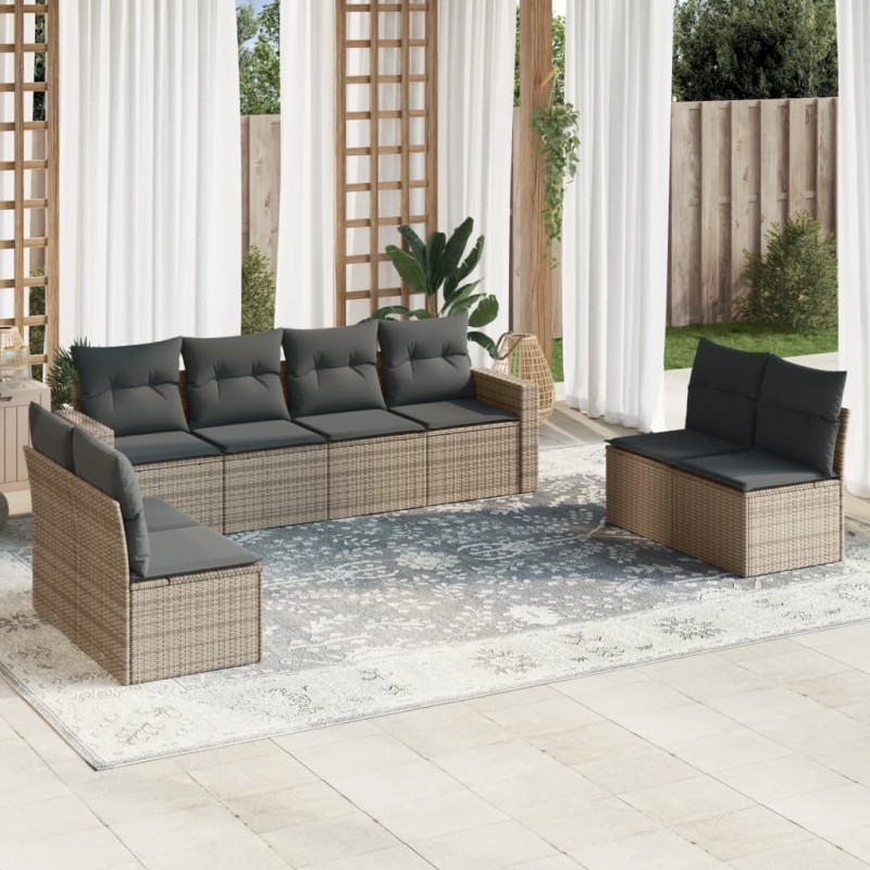 8 pcs conjunto sofás de jardim c/ almofadões vime PE cinzento-Conjuntos de jardim-Home Retail