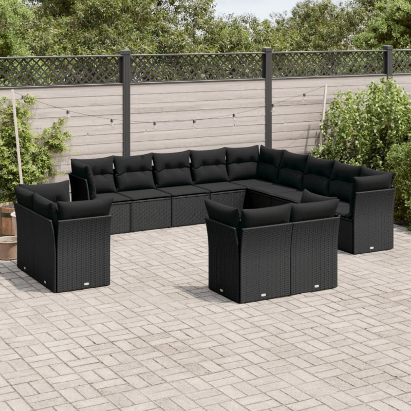 13 pcs conjunto de sofás de jardim com almofadões vime PE preto-Conjuntos de jardim-Home Retail