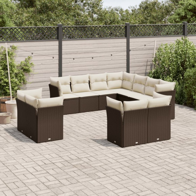 11 pcs conjunto sofás de jardim c/ almofadões vime PE castanho-Conjuntos de jardim-Home Retail