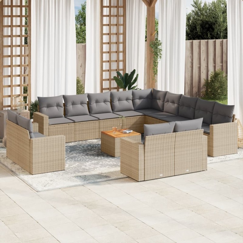 14 pcs conjunto de sofás p/ jardim com almofadões vime PE bege-Unidades de sofá com módulos externos-Home Retail