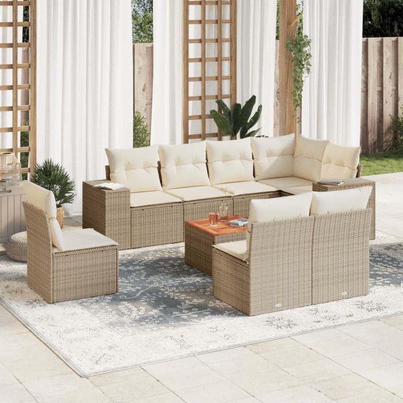 9 pcs conjunto de sofás p/ jardim com almofadões vime PE bege-Conjuntos de jardim-Home Retail