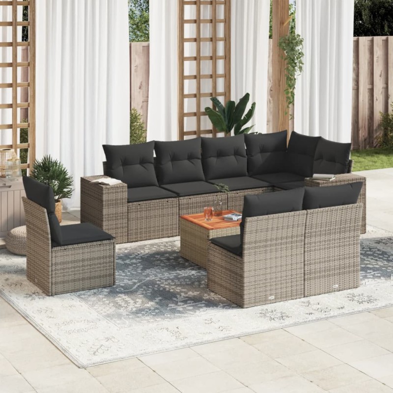 9 pcs conjunto sofás p/ jardim com almofadões vime PE cinzento-Conjuntos de jardim-Home Retail