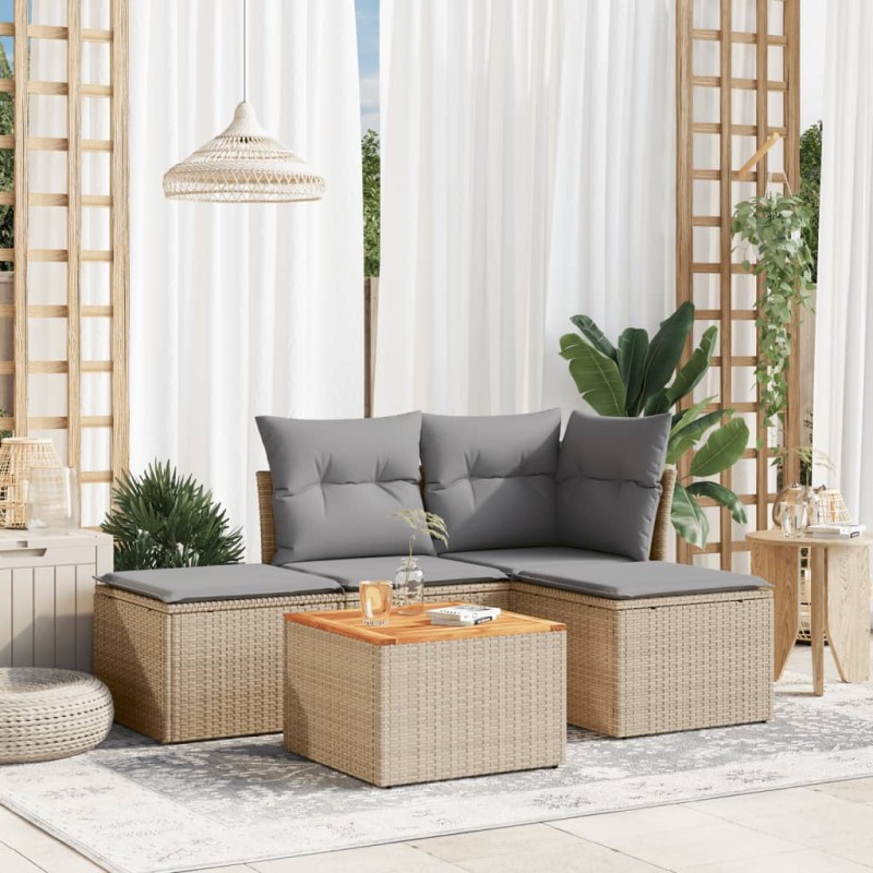 5 pcs conjunto de sofás p/ jardim com almofadões vime PE bege-Conjuntos de jardim-Home Retail