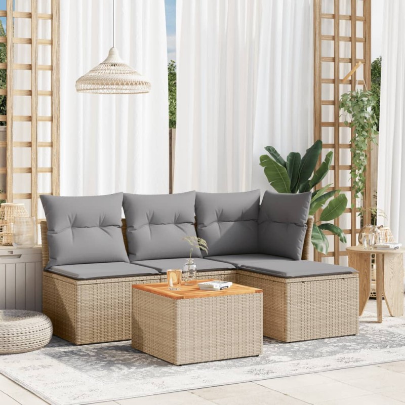 5 pcs conjunto de sofás p/ jardim com almofadões vime PE bege-Conjuntos de jardim-Home Retail