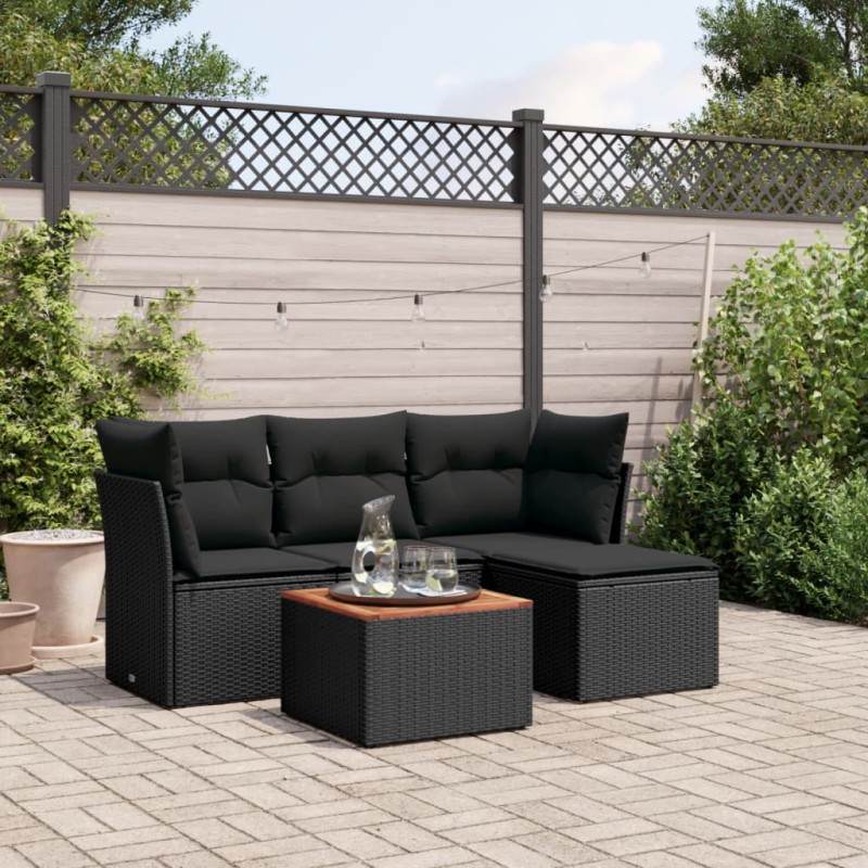 5 pcs conjunto sofás de jardim com almofadões vime PE preto-Conjuntos de jardim-Home Retail