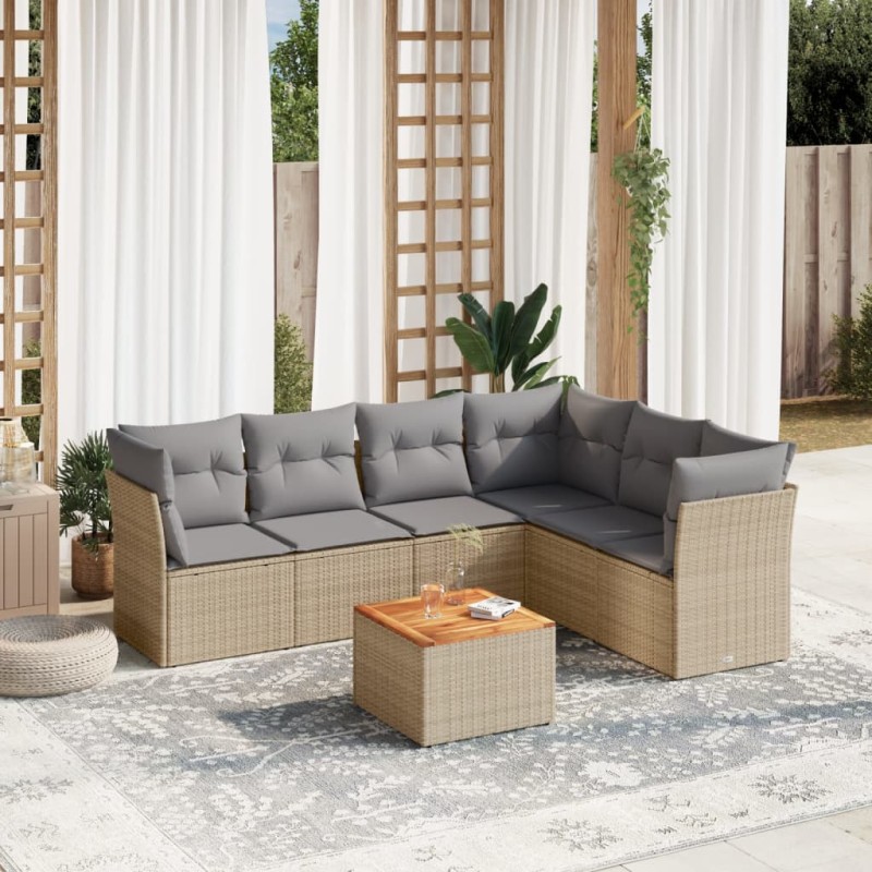 7 pcs conjunto de sofás p/ jardim com almofadões vime PE bege-Conjuntos de jardim-Home Retail