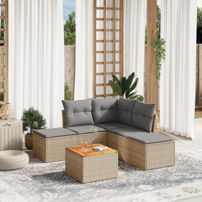 6 pcs conjunto de sofás p/ jardim com almofadões vime PE bege-Conjuntos de jardim-Home Retail