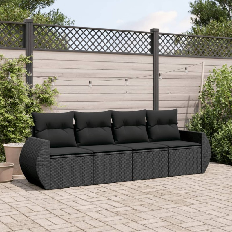 4 pcs conjunto de sofás para jardim c/ almofadões vime PE preto-Conjuntos de jardim-Home Retail