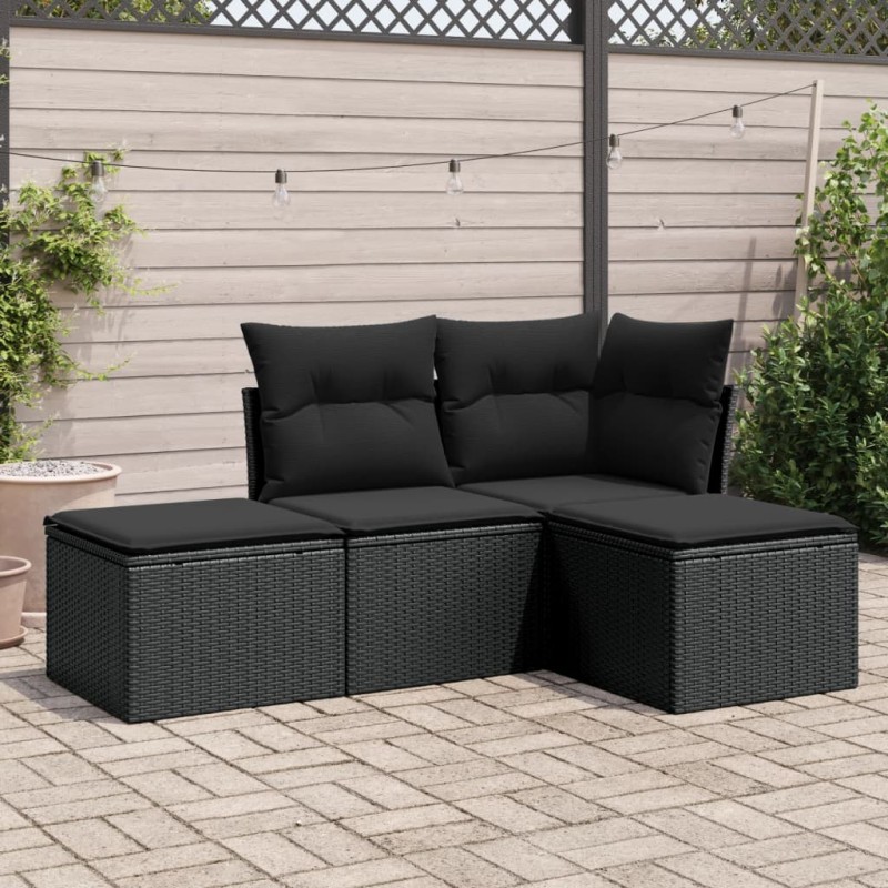 4 pcs conjunto de sofás para jardim c/ almofadões vime PE preto-Conjuntos de jardim-Home Retail