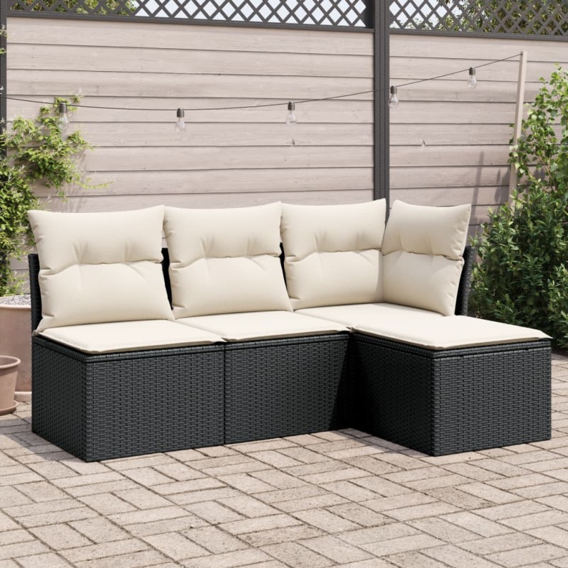 4 pcs conjunto de sofás para jardim c/ almofadões vime PE preto-Conjuntos de jardim-Home Retail