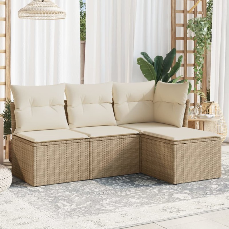 4 pcs conjunto de sofás para jardim c/ almofadões vime PE bege-Conjuntos de jardim-Home Retail