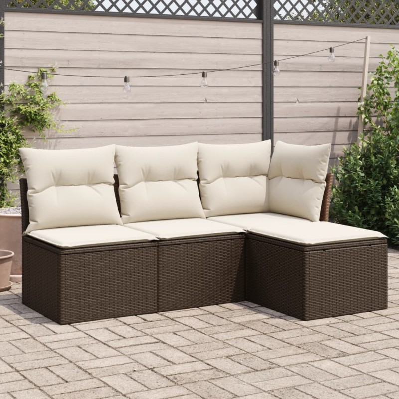 4 pcs conjunto sofás de jardim c/ almofadões vime PE castanho-Conjuntos de jardim-Home Retail