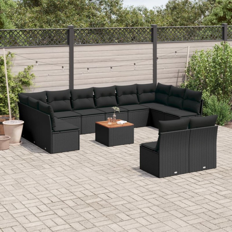 13 pcs conjunto de sofás de jardim com almofadões vime PE preto-Conjuntos de jardim-Home Retail