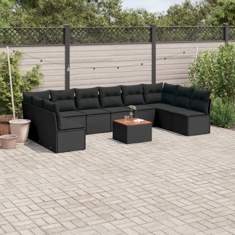 11 pcs conjunto sofás de jardim c/ almofadões vime PE preto-Conjuntos de jardim-Home Retail