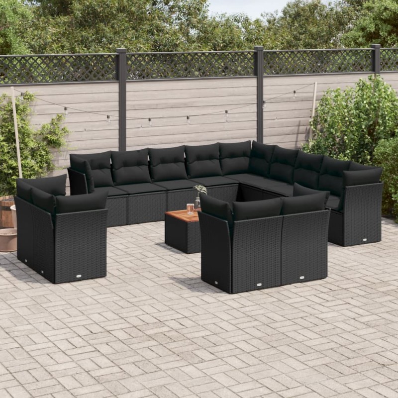 14 pcs conjunto de sofás p/ jardim c/ almofadões vime PE preto-Conjuntos de jardim-Home Retail