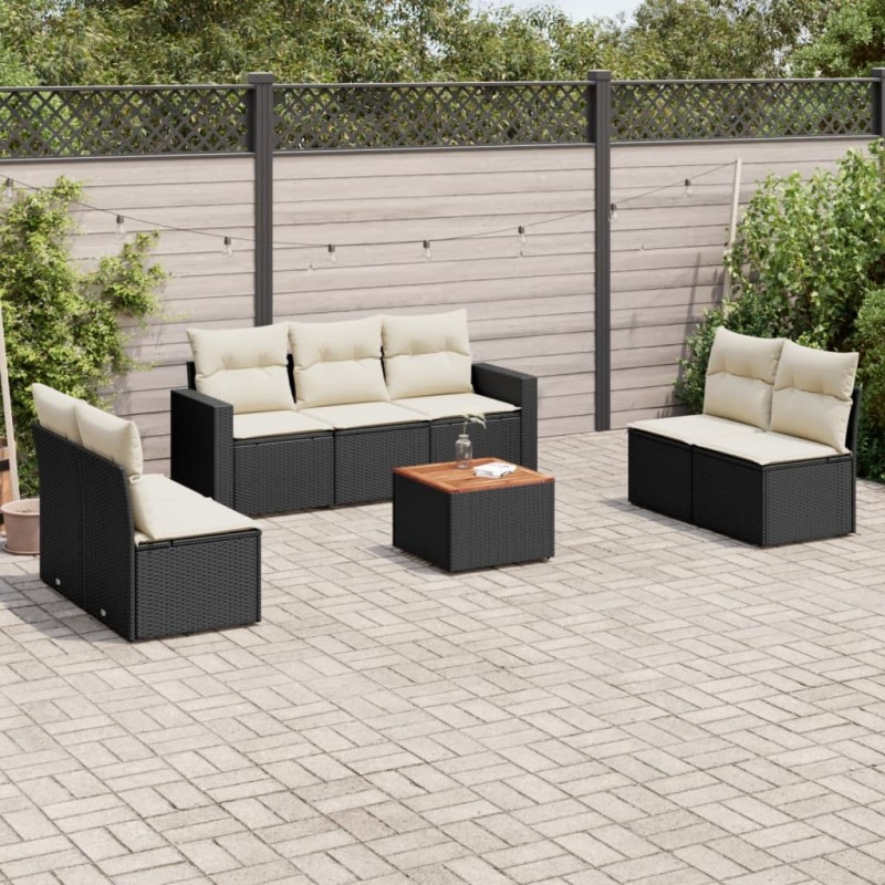 8 pcs conjunto sofás de jardim com almofadões vime PE preto-Conjuntos de jardim-Home Retail