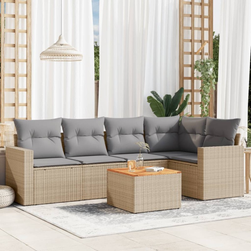 6 pcs conjunto de sofás p/ jardim com almofadões vime PE bege-Conjuntos de jardim-Home Retail