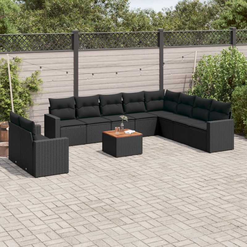 11 pcs conjunto sofás de jardim c/ almofadões vime PE preto-Conjuntos de jardim-Home Retail