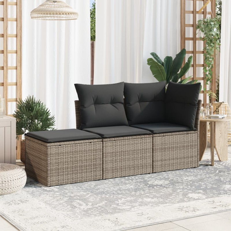 3 pcs conjunto sofás de jardim c/ almofadões vime PE cinzento-Conjuntos de jardim-Home Retail