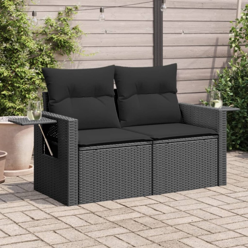 Sofá de jardim com almofadões 2 lugares vime PE preto-Sofás para exterior-Home Retail