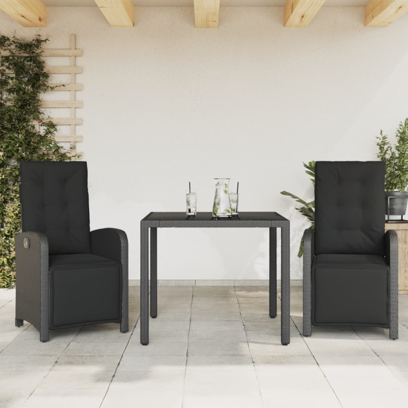 3 pcs conjunto de bistrô com almofadões vime PE preto-Conjuntos de jardim-Home Retail