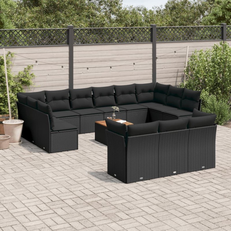 14 pcs conjunto de sofás p/ jardim c/ almofadões vime PE preto-Conjuntos de jardim-Home Retail