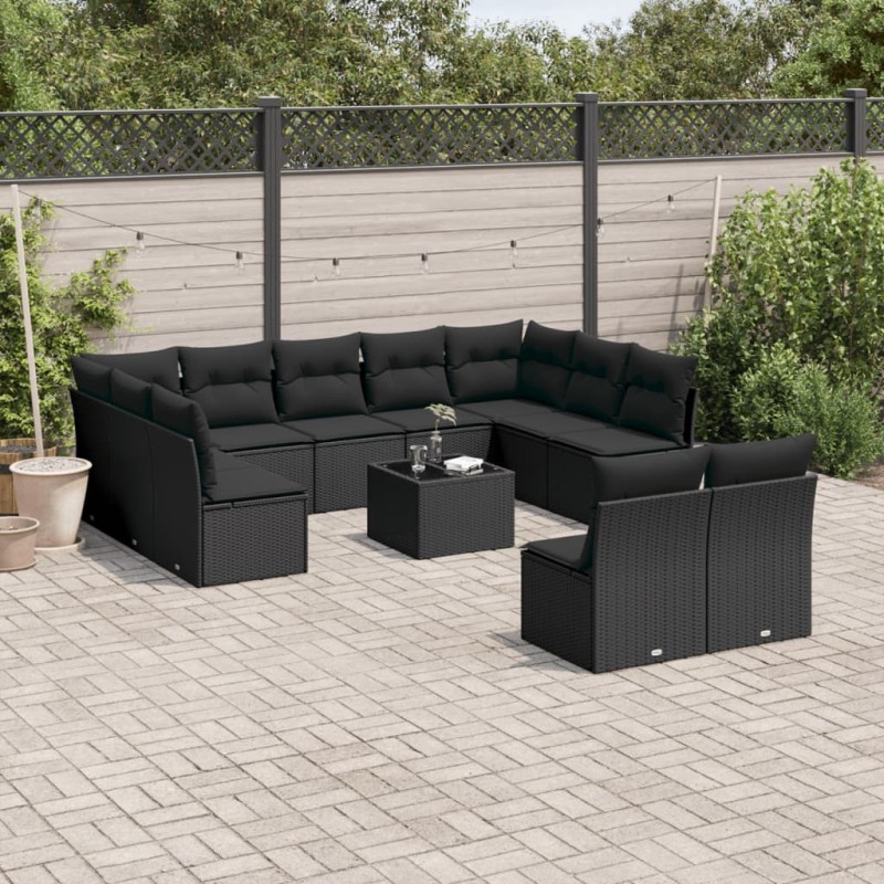 12 pcs conjunto de sofás de jardim c/ almofadões vime PE preto-Conjuntos de jardim-Home Retail