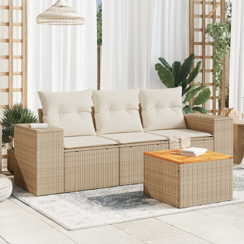 4 pcs conjunto de sofás para jardim c/ almofadões vime PE bege-Conjuntos de jardim-Home Retail