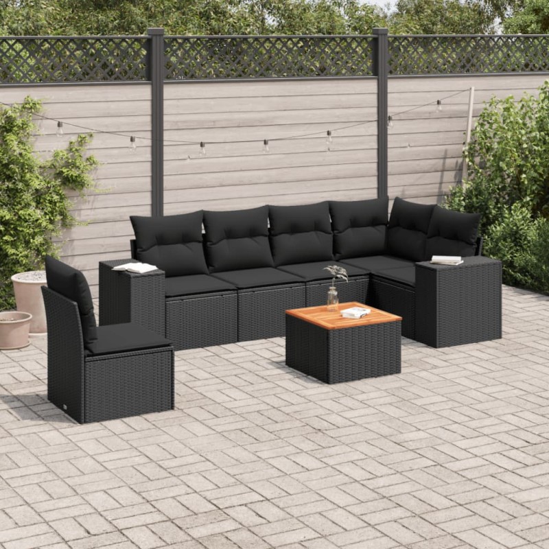 7 pcs conjunto de sofás p/ jardim c/ almofadões vime PE preto-Conjuntos de jardim-Home Retail