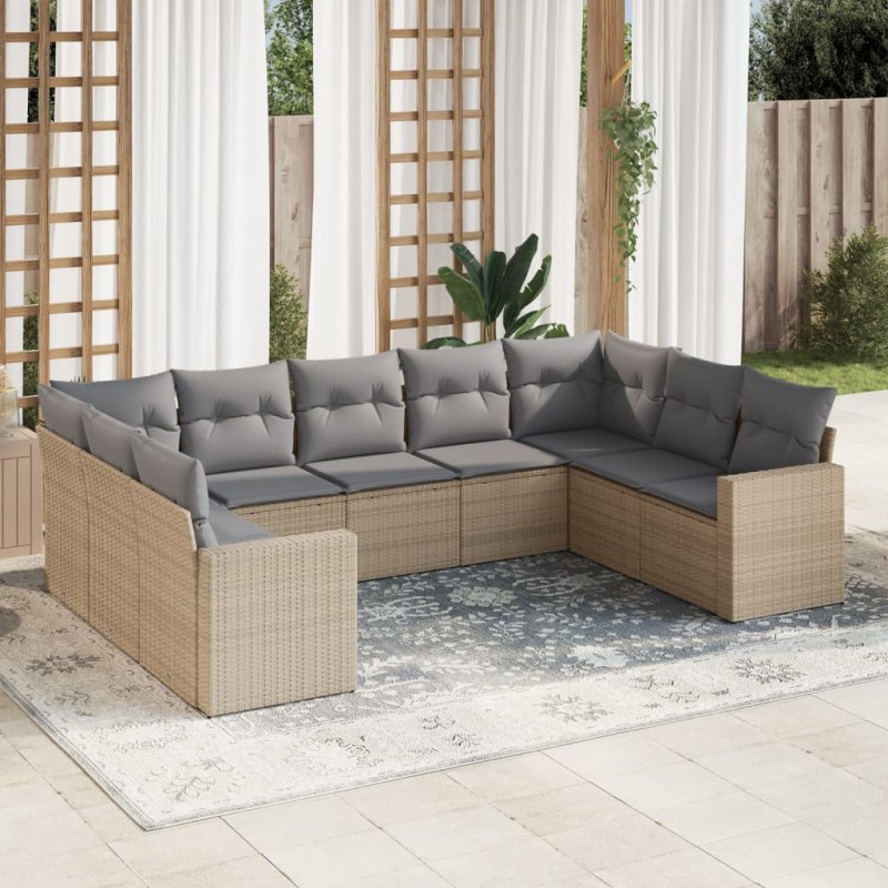 9 pcs conjunto de sofás p/ jardim com almofadões vime PE bege-Conjuntos de jardim-Home Retail