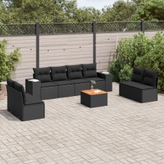 9 pcs conjunto de sofás p/ jardim c/ almofadões vime PE preto