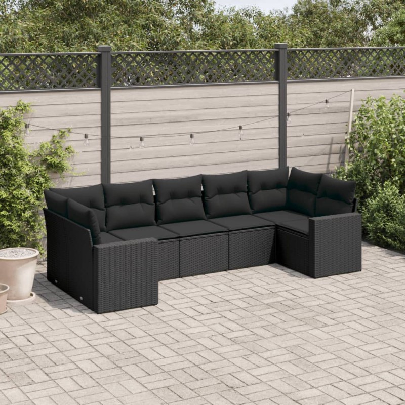 7 pcs conjunto de sofás p/ jardim c/ almofadões vime PE preto-Conjuntos de jardim-Home Retail