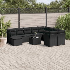 10 pcs conjunto sofás de jardim c/ almofadões vime PE preto