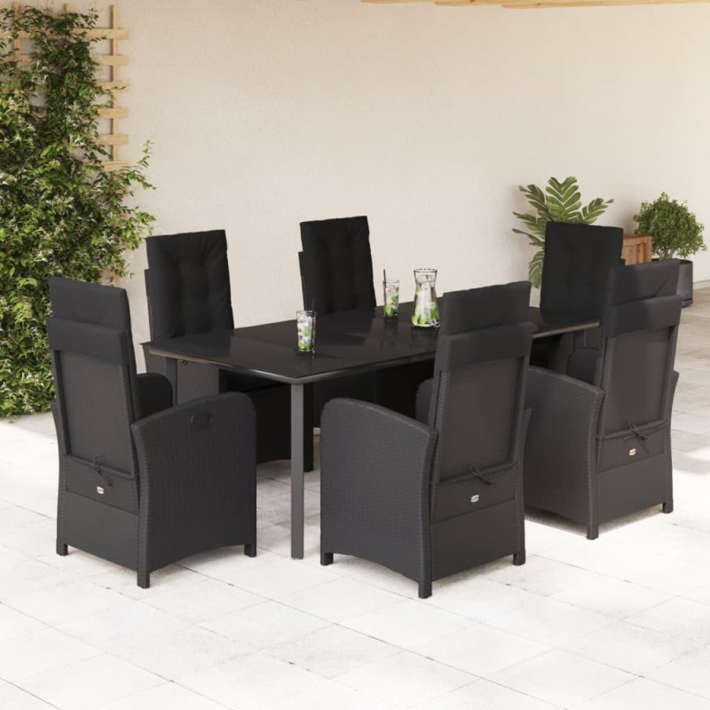 7 pcs conjunto de jantar p/ jardim c/ almofadões vime PE preto-Conjuntos de jardim-Home Retail