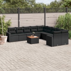 11 pcs conjunto sofás de jardim c/ almofadões vime PE preto