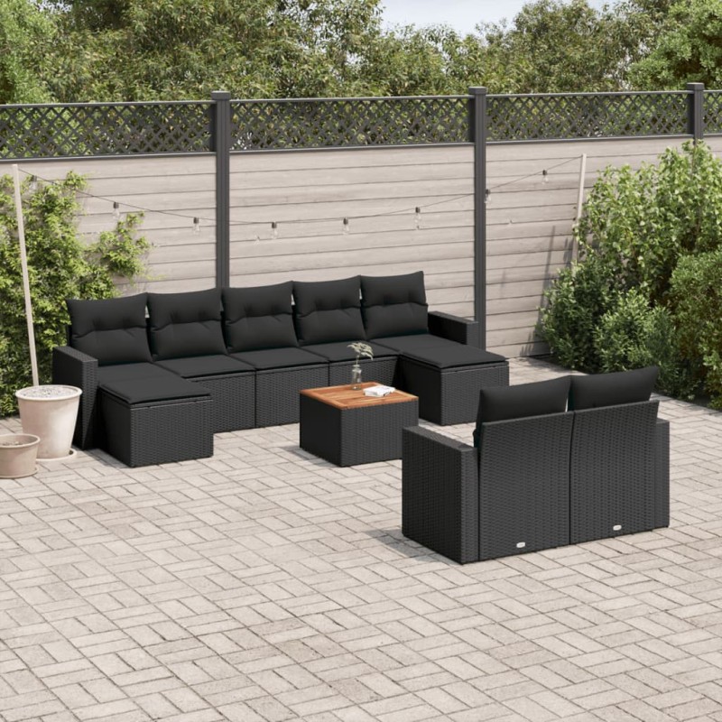 10 pcs conjunto sofás de jardim c/ almofadões vime PE preto-Unidades de sofá com módulos externos-Home Retail