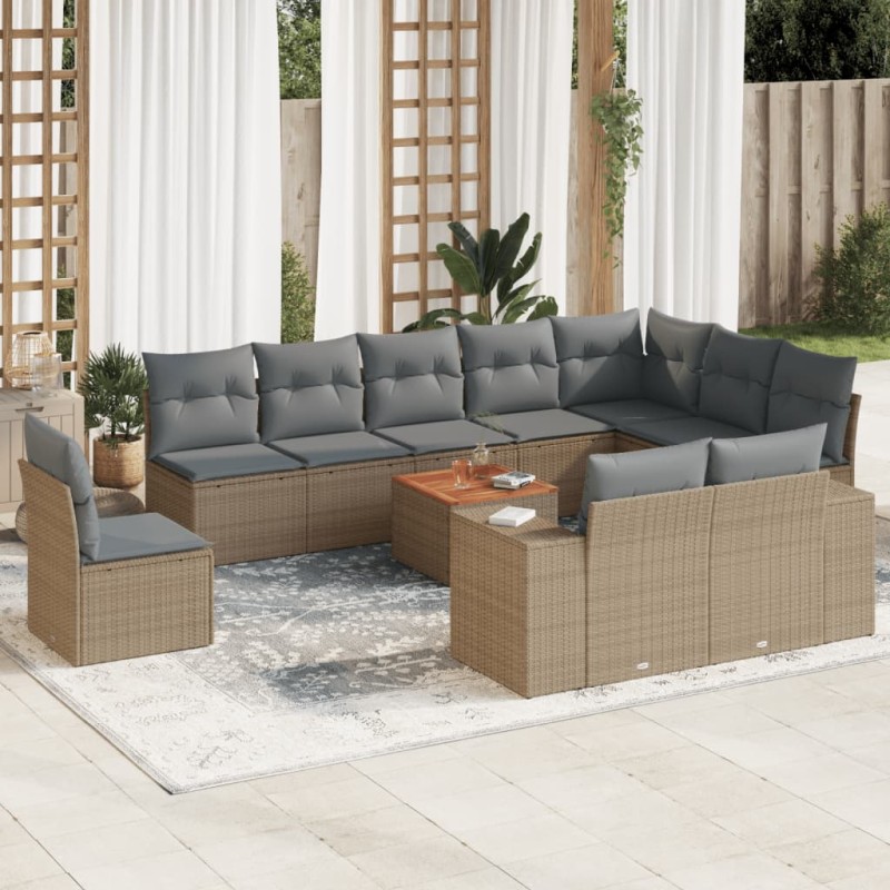 11 pcs conjunto sofás de jardim c/ almofadões vime PE bege-Conjuntos de jardim-Home Retail