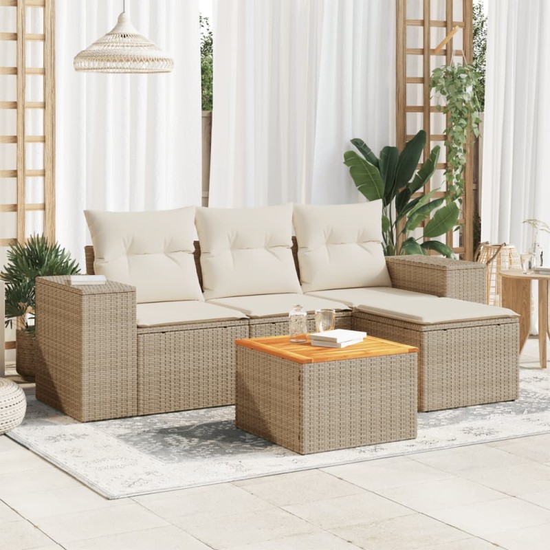 5 pcs conjunto de sofás p/ jardim com almofadões vime PE bege-Conjuntos de jardim-Home Retail