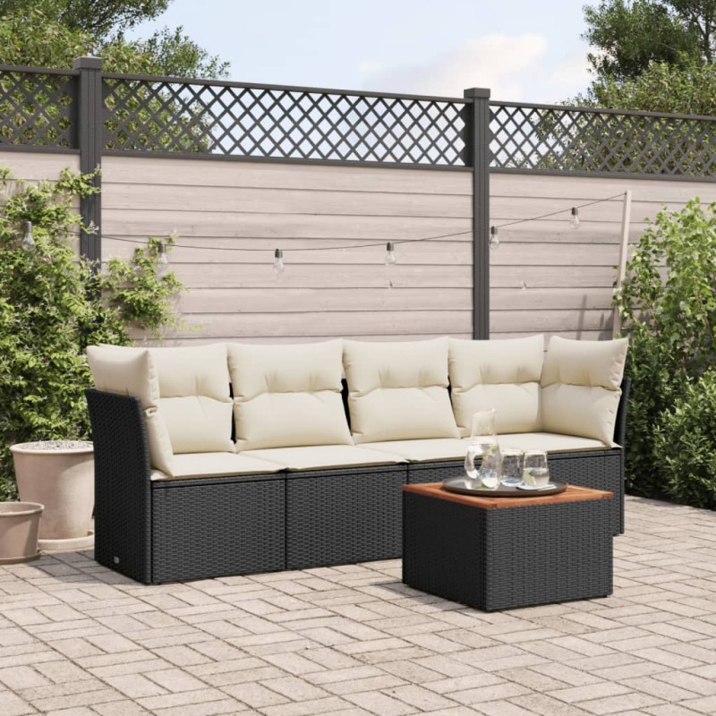 5 pcs conjunto sofás de jardim com almofadões vime PE preto-Conjuntos de jardim-Home Retail