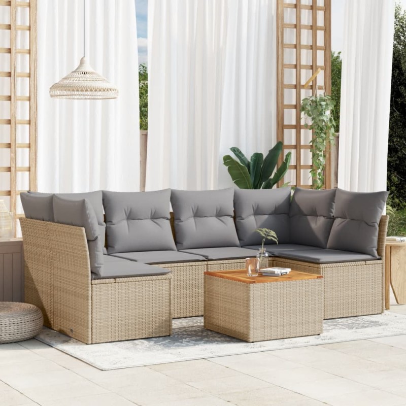 7 pcs conjunto de sofás p/ jardim com almofadões vime PE bege-Conjuntos de jardim-Home Retail