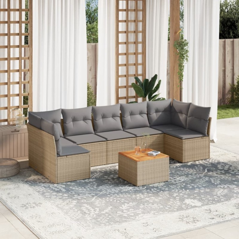 8 pcs conjunto de sofás p/ jardim com almofadões vime PE bege-Conjuntos de jardim-Home Retail