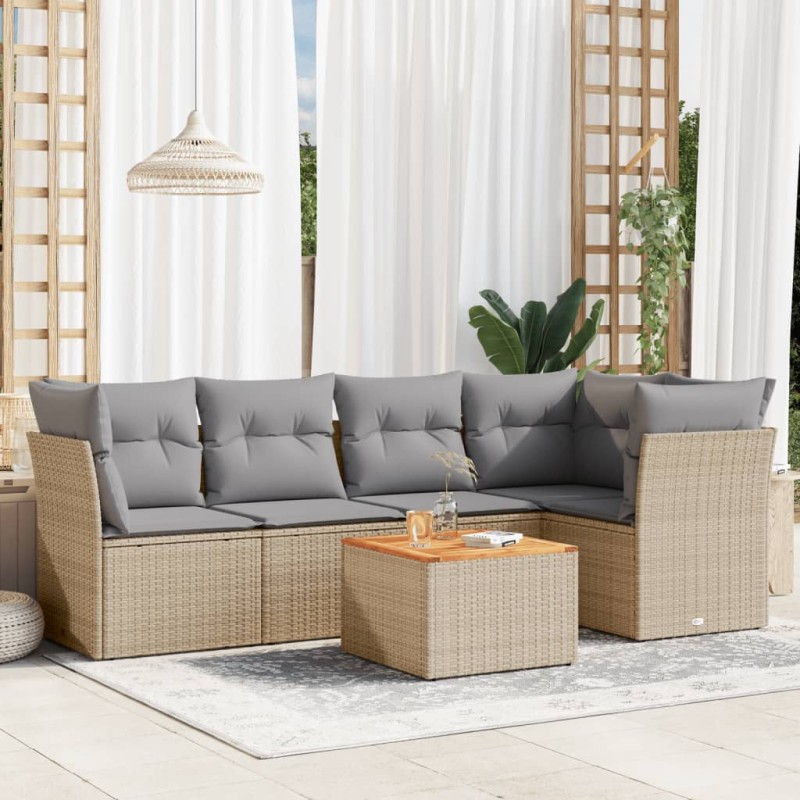 6 pcs conjunto de sofás p/ jardim com almofadões vime PE bege-Conjuntos de jardim-Home Retail