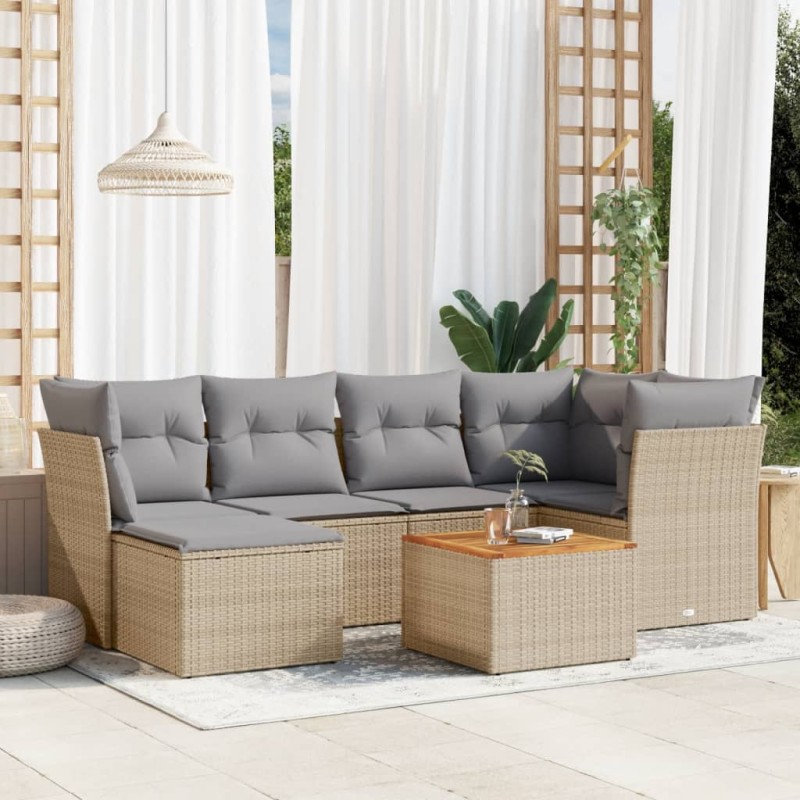 7 pcs conjunto de sofás p/ jardim com almofadões vime PE bege-Conjuntos de jardim-Home Retail