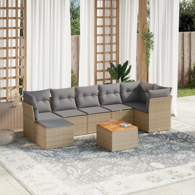 8 pcs conjunto de sofás p/ jardim com almofadões vime PE bege-Conjuntos de jardim-Home Retail