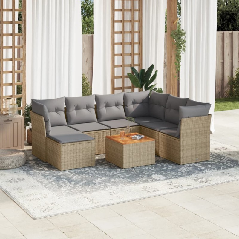 8 pcs conjunto de sofás p/ jardim com almofadões vime PE bege-Conjuntos de jardim-Home Retail