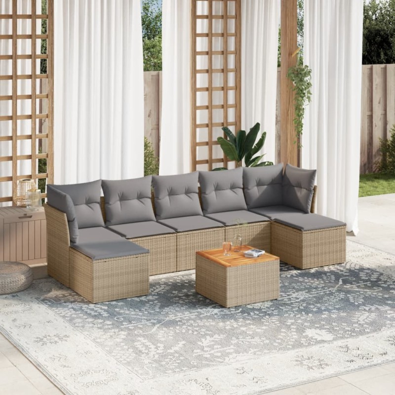 8 pcs conjunto de sofás p/ jardim com almofadões vime PE bege-Conjuntos de jardim-Home Retail