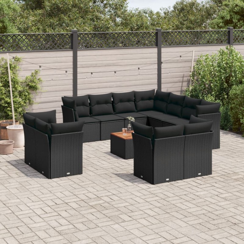 12 pcs conjunto de sofás de jardim c/ almofadões vime PE preto-Conjuntos de jardim-Home Retail