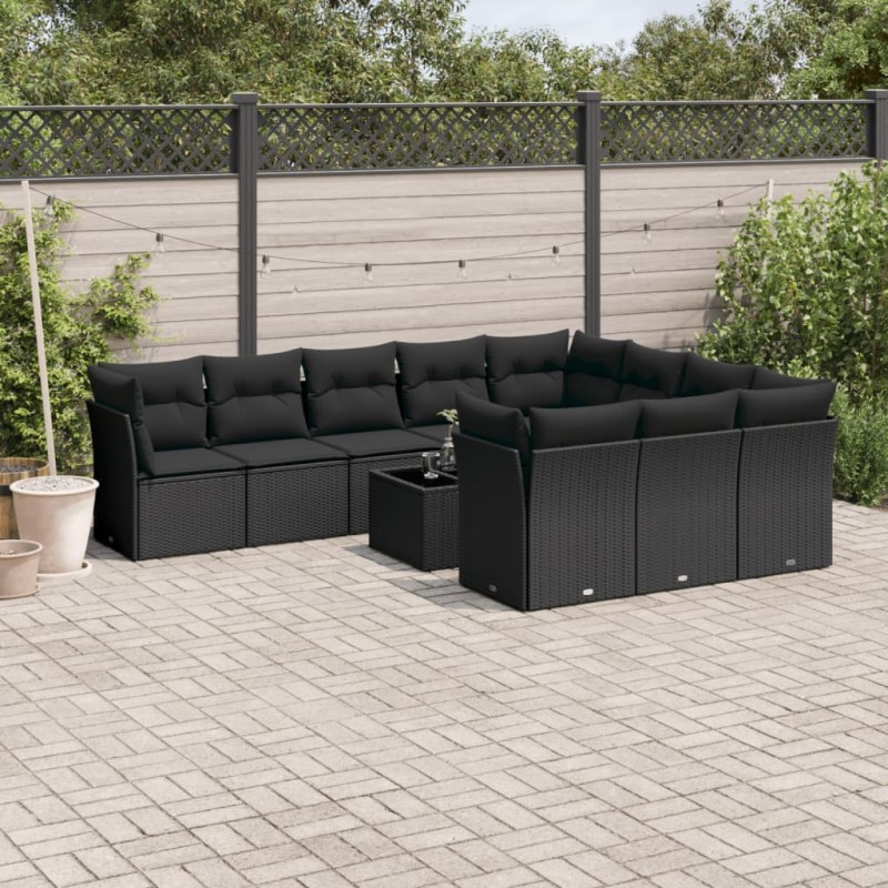 11 pcs conjunto sofás de jardim c/ almofadões vime PE preto-Conjuntos de jardim-Home Retail